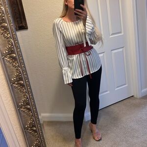 💗Dalia💗NO BELT💗  white and black striped blouse with elegant bell sleeves M